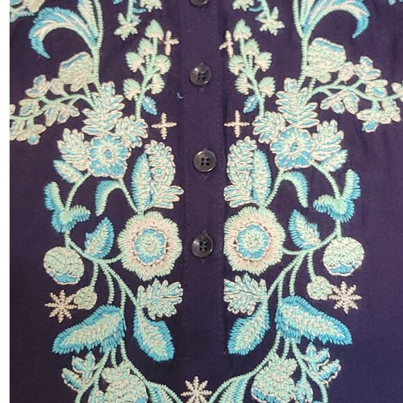 Solitaire Navy Blue Long Sleeve Embroidered Tunic Top XL Rayon Button Roll-Up Sl - Picture 13 of 16